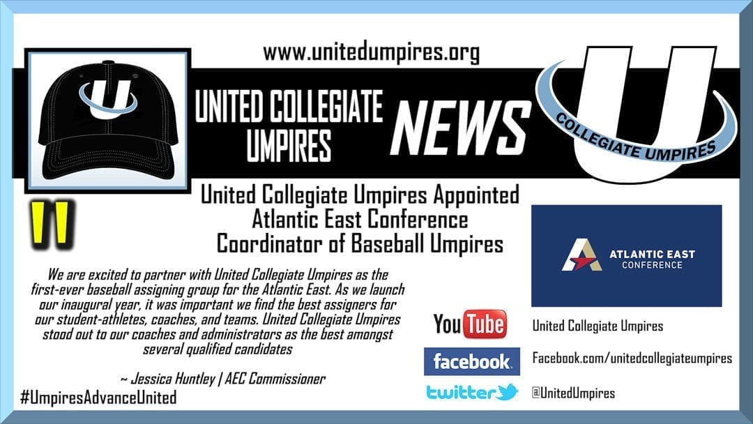United Collegiate Umpires Appointed Atlantic East Conference Coordinator of Baseball Umpires